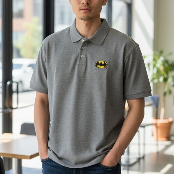 Vintage Large BATMAN Gray POLO Warner Bros Store Short Sleeve Shirt - Picture 1 of 3